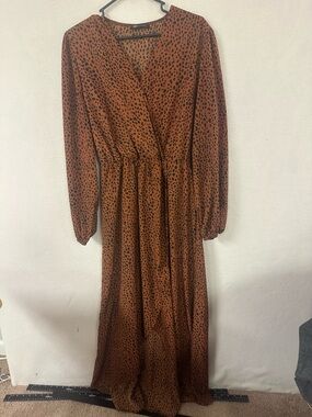 Pretty Garden Brown Sz L Animal Print Wrap Waisted Dress Long Sleeve V Neck Maxi